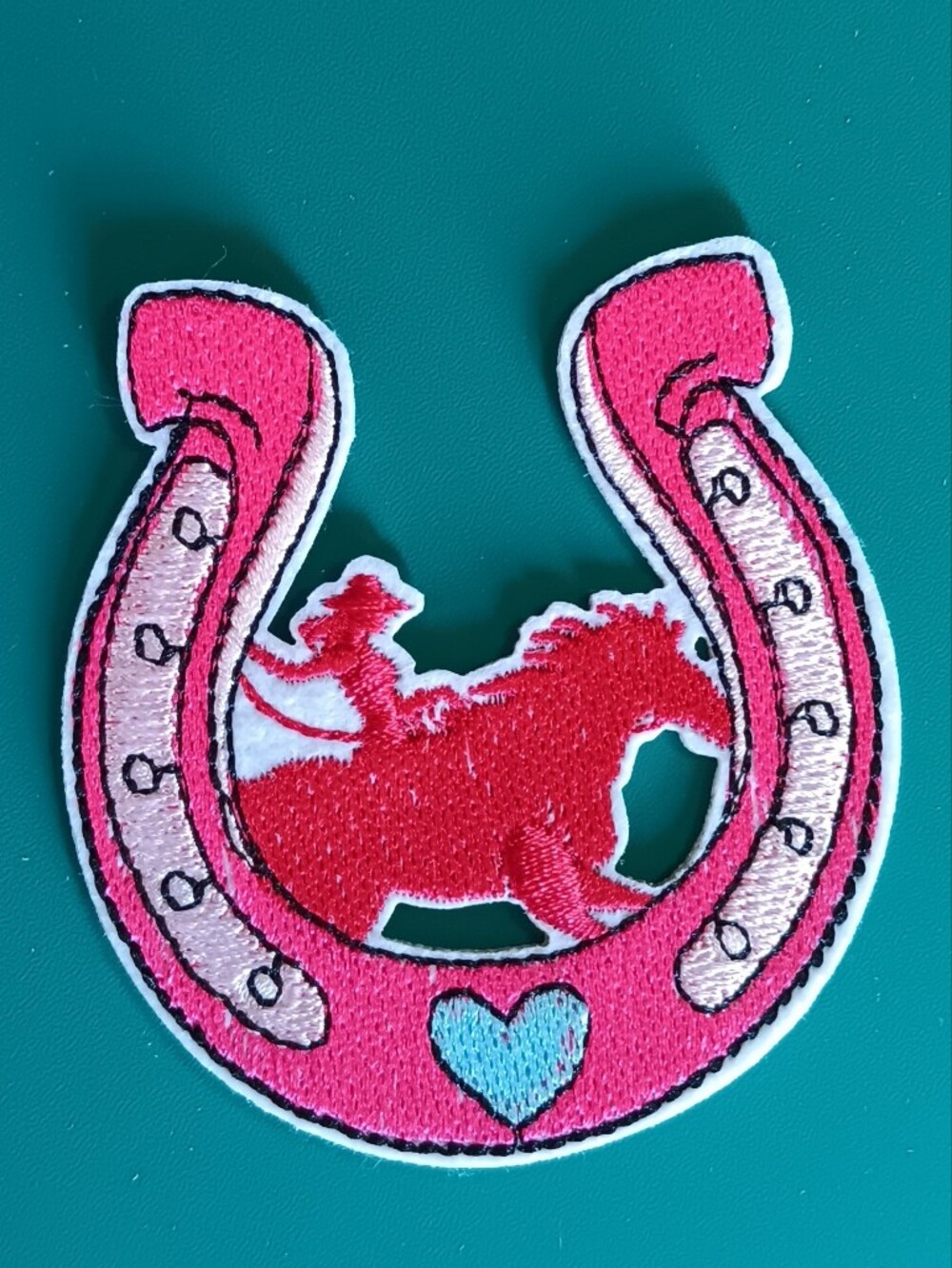 Pink Horseshoe Patch W/ Cowgirl Horse Rodeo Rider Silhouette, Iron On Applique